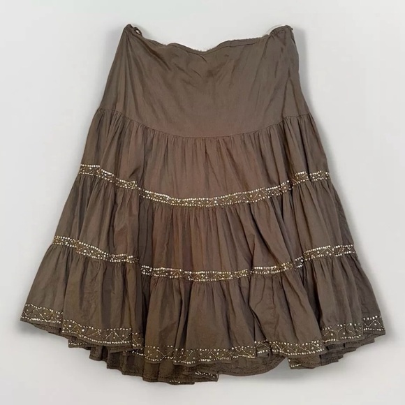 SOLD Vintage Women’s Y2K Boho Fairy Brown Beaded Tiered Midi Maxi Skirt XL - Picture 1 of 7